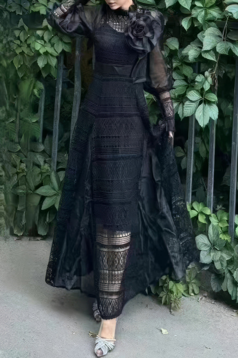 High-Neck Lace Maxi Dress with Puff Sleeves