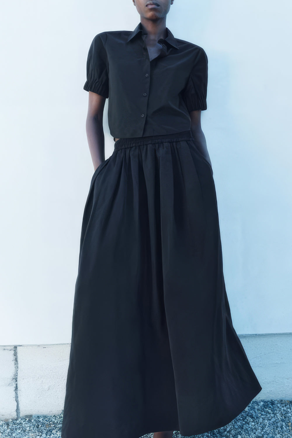 Two-Piece Set with Short-Sleeve Button-Up Shirt and Long Skirt