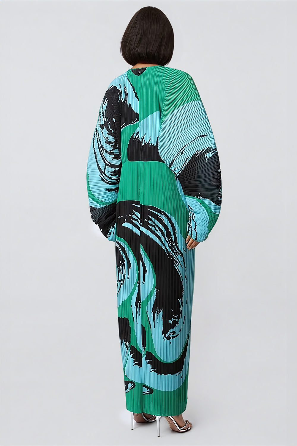 Oversized Sleeve Printed Maxi Dress with Pleated Skirt - Green