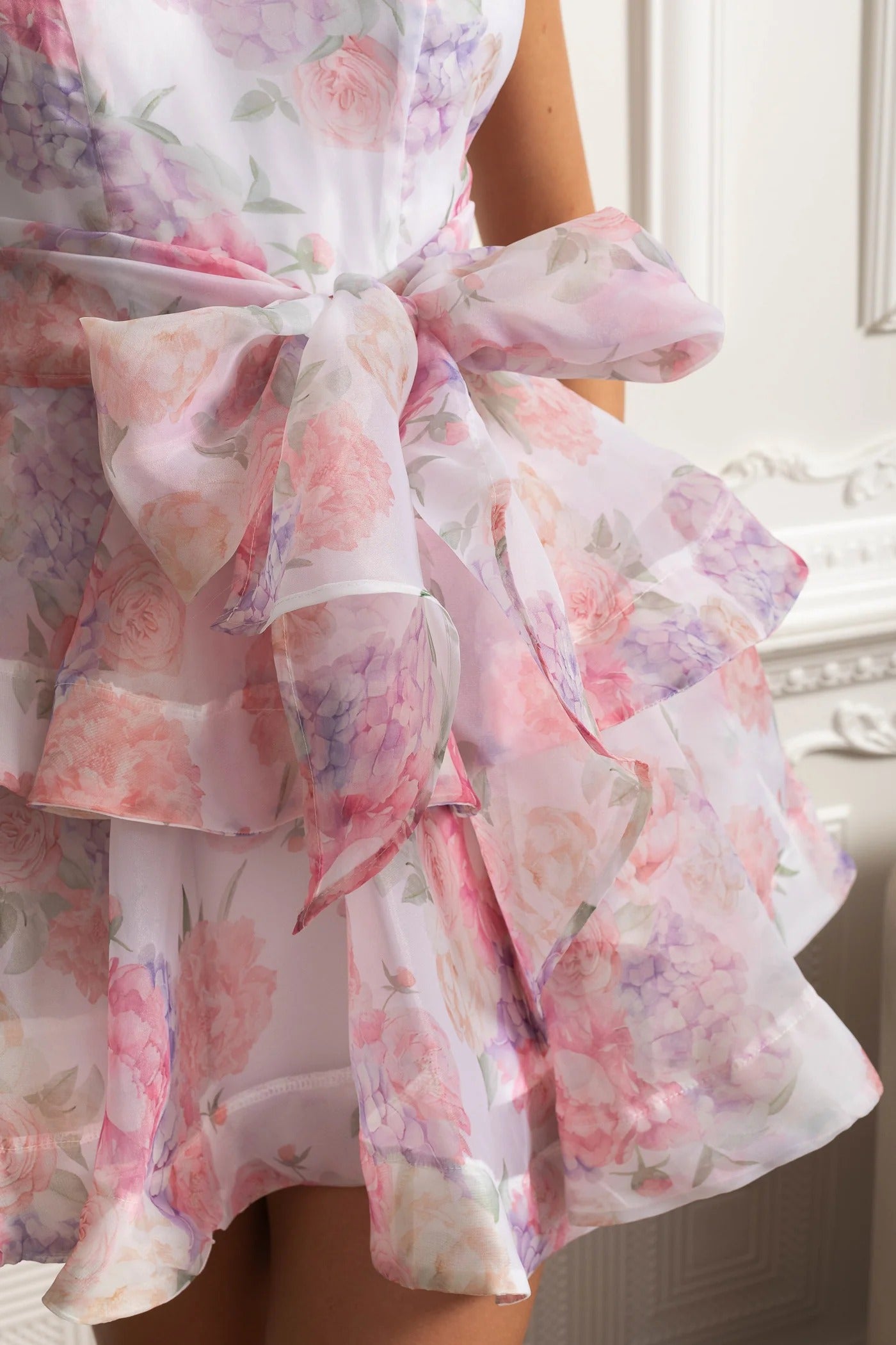 Halter Neck Mini Dress With Floral Layers and Bow Waist - Pink