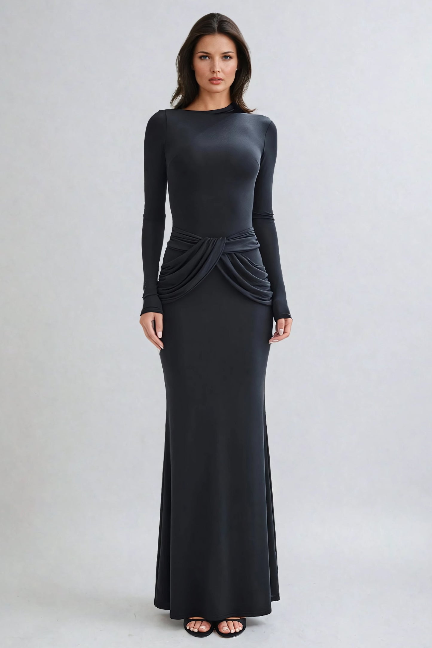 Long Sleeves Maxi Dress with Draped Waist Detail - Black