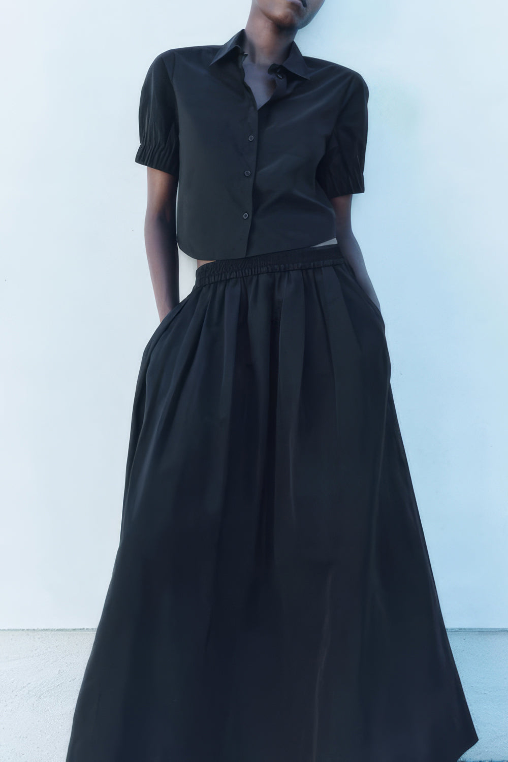 Two-Piece Set with Short-Sleeve Button-Up Shirt and Long Skirt