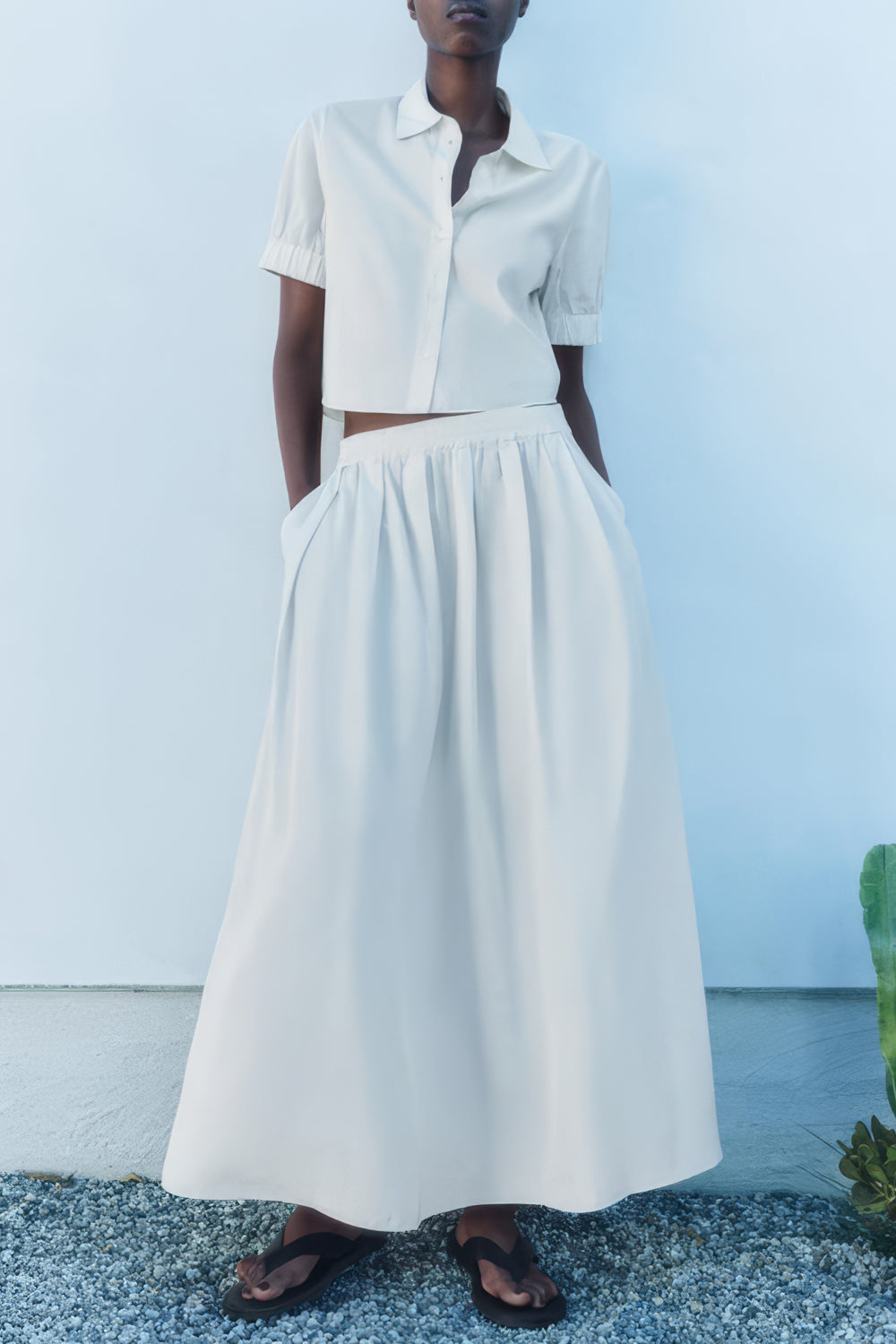 Two-Piece Set with Short-Sleeve Button-Up Shirt and Long Skirt