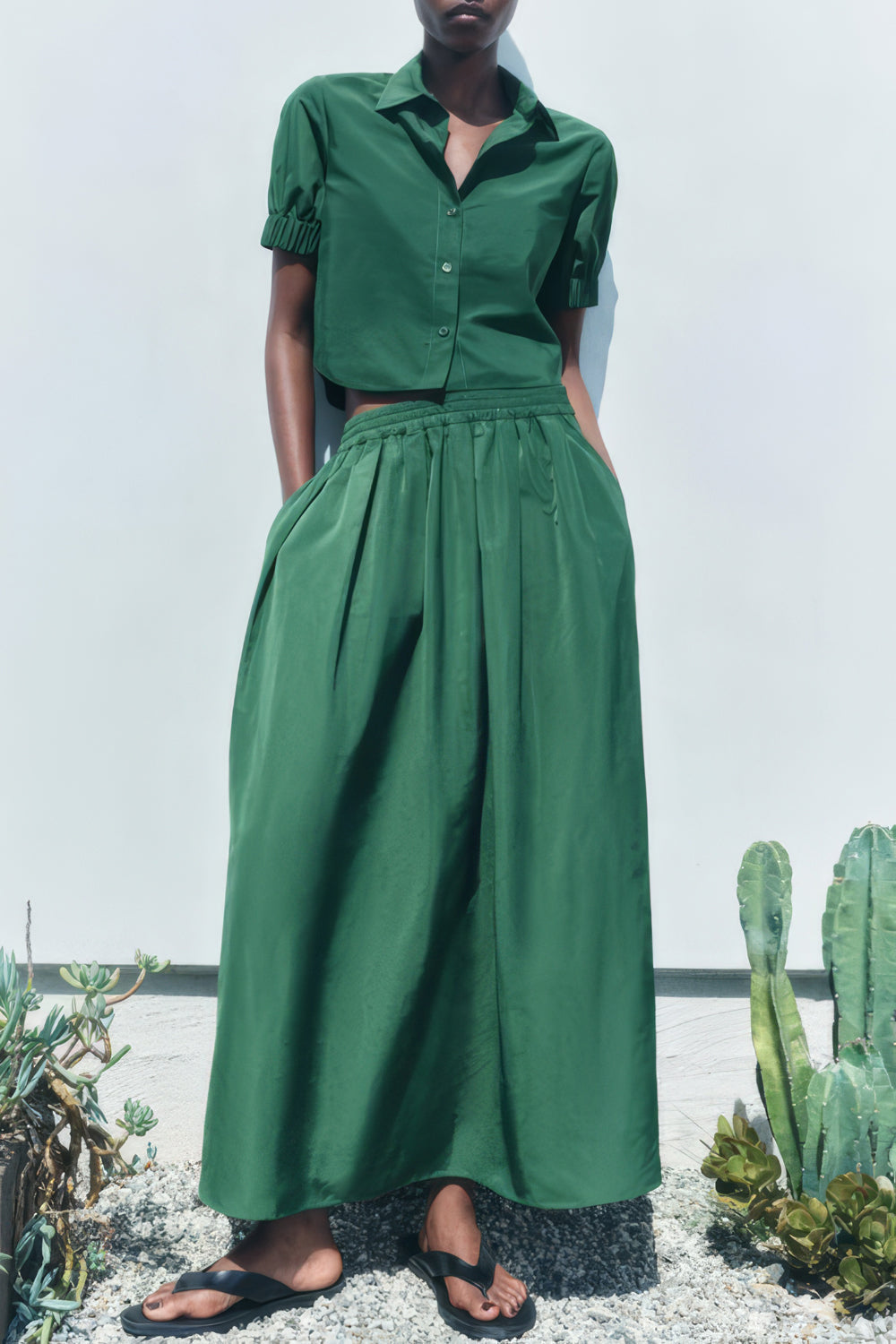 Two-Piece Set with Short-Sleeve Button-Up Shirt and Long Skirt