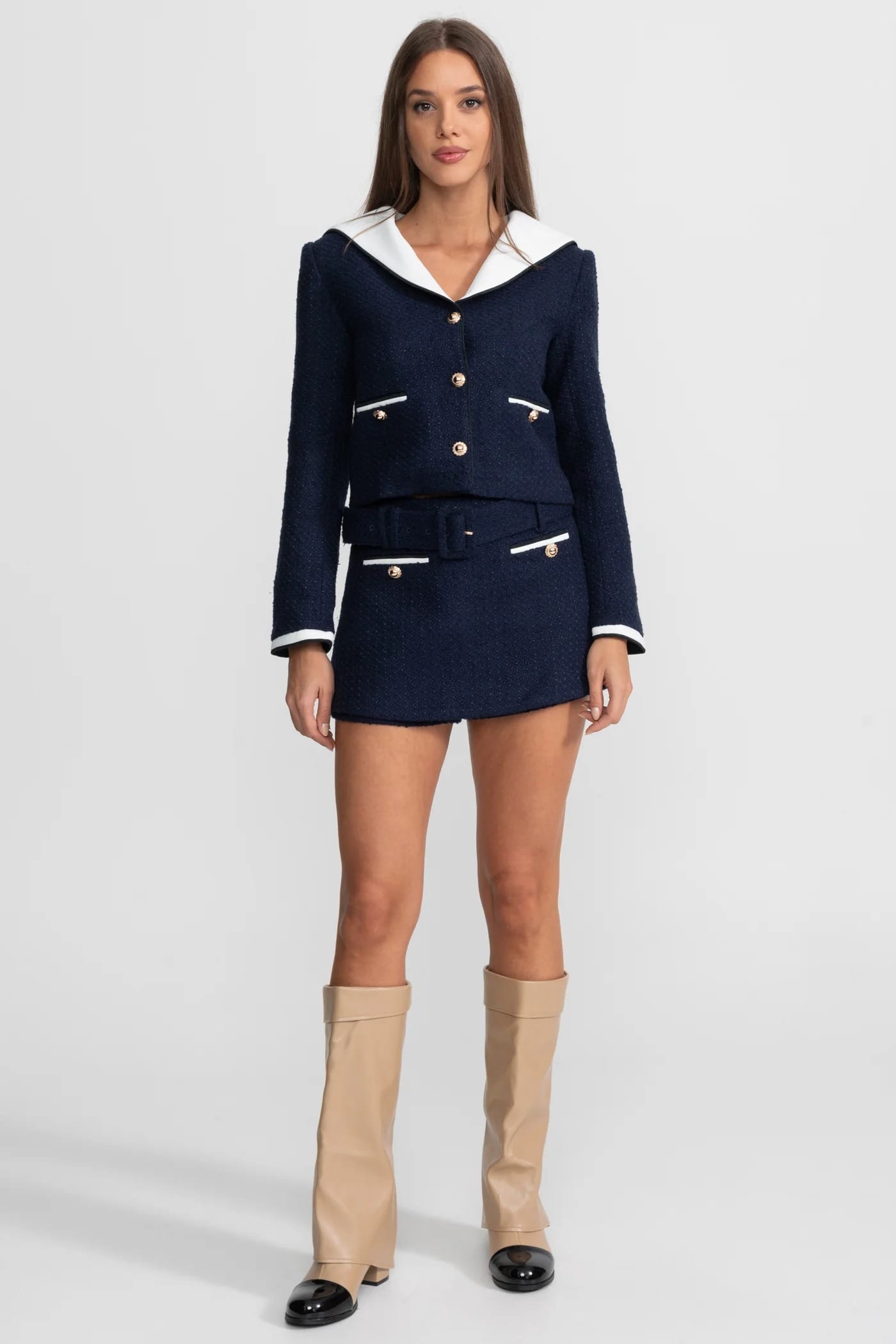 Two-Piece Set with Contrast Collar Jacket and Mini Skirt - Blue