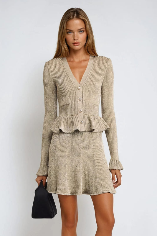 Ruffled Hem Button Front Mini Dress - Khaki