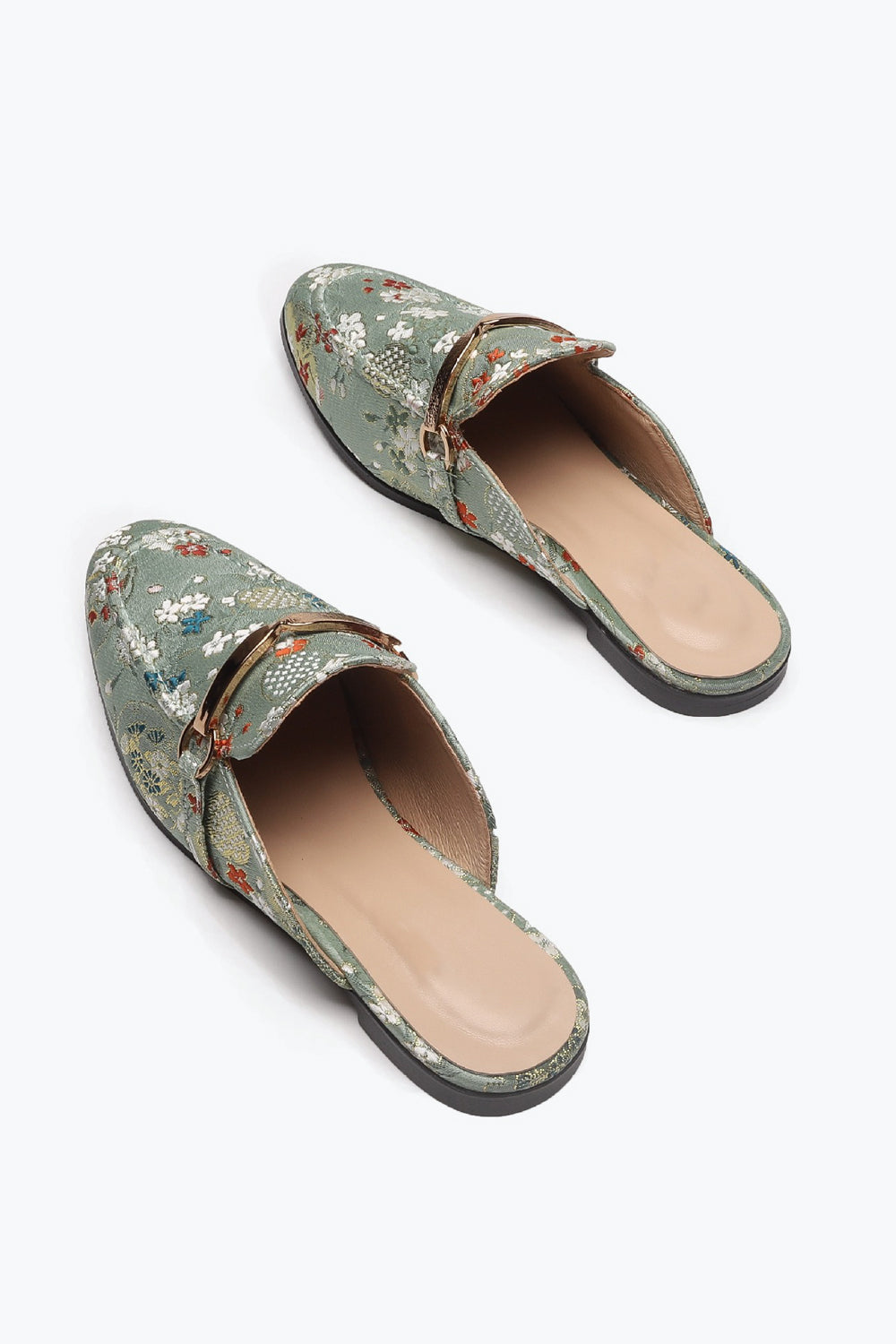 Floral Pattern Slip-On Loafers with Metal Buckle - Green