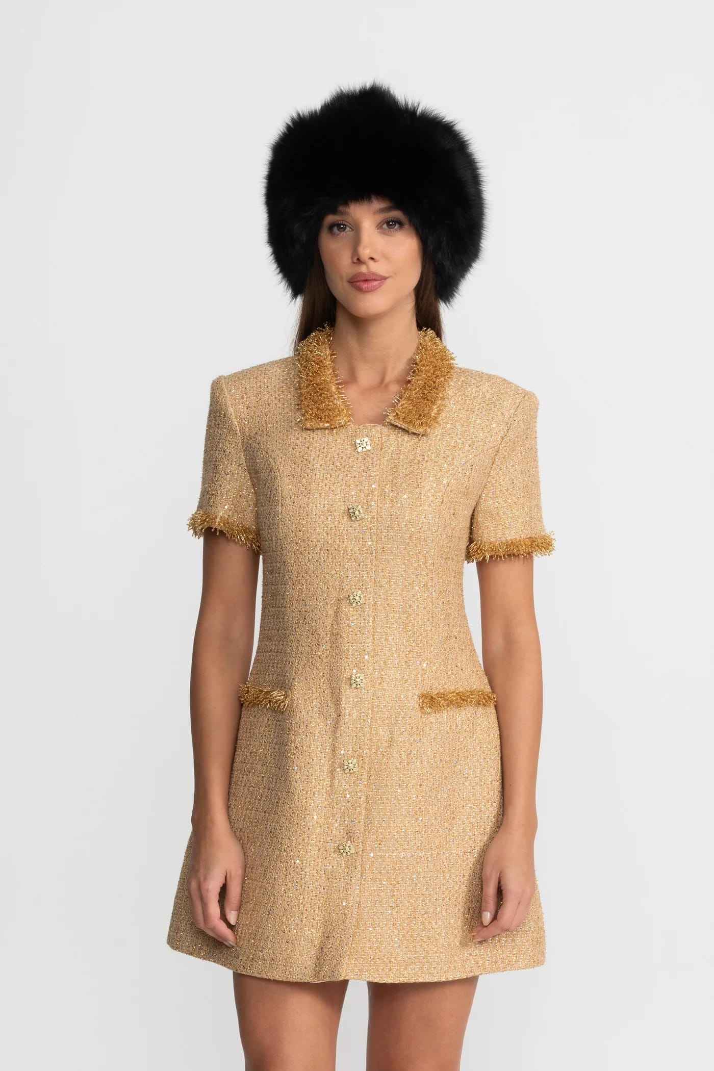 Short Sleeve Mini Dress with Textured Collar and Trim - Gold