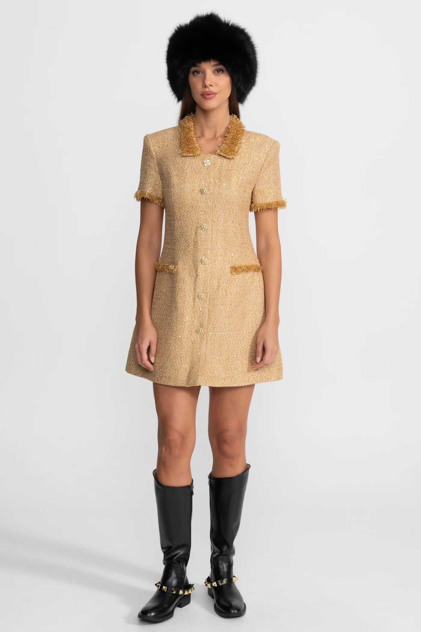 Short Sleeve Mini Dress with Textured Collar and Trim - Gold