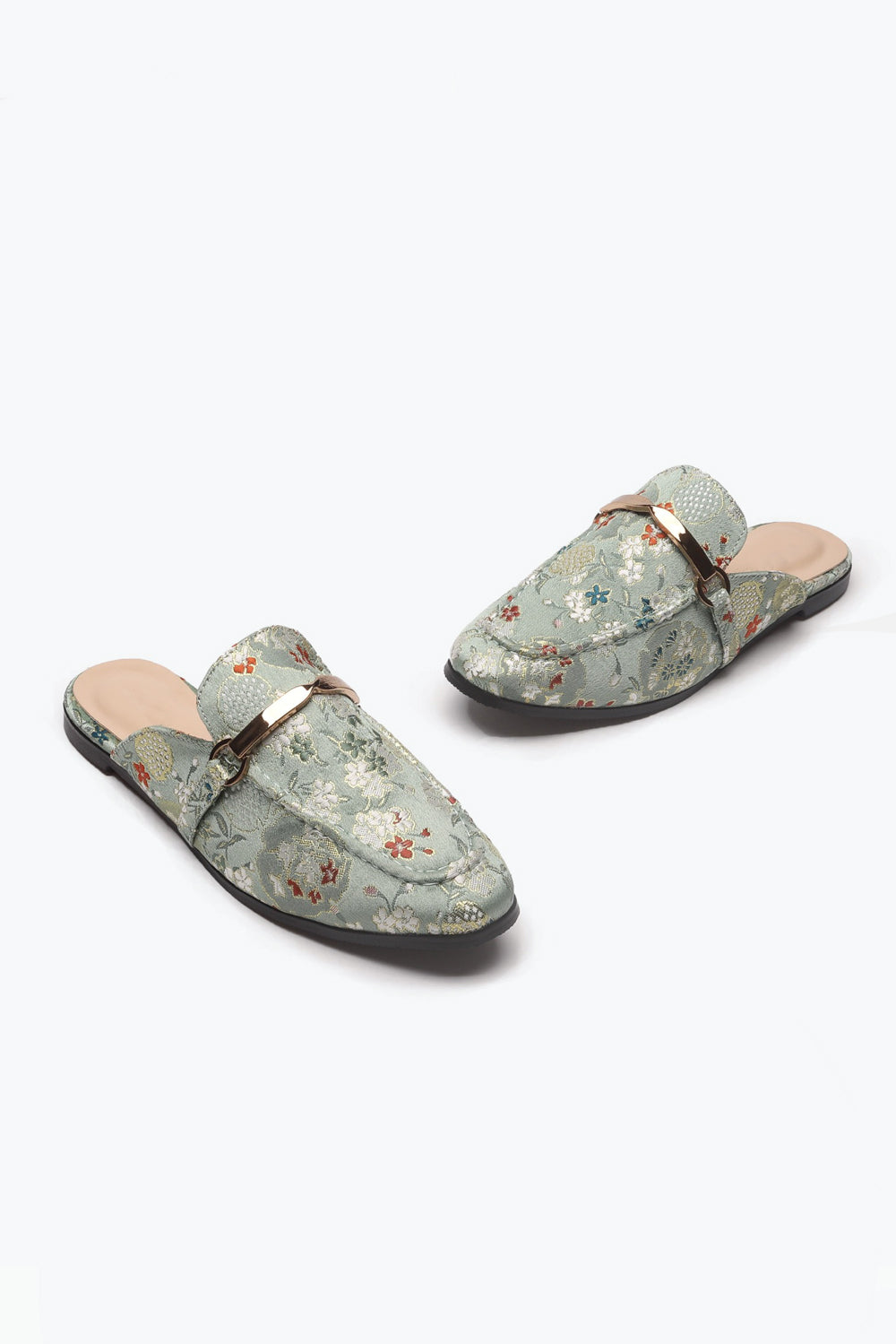 Floral Pattern Slip-On Loafers with Metal Buckle - Green