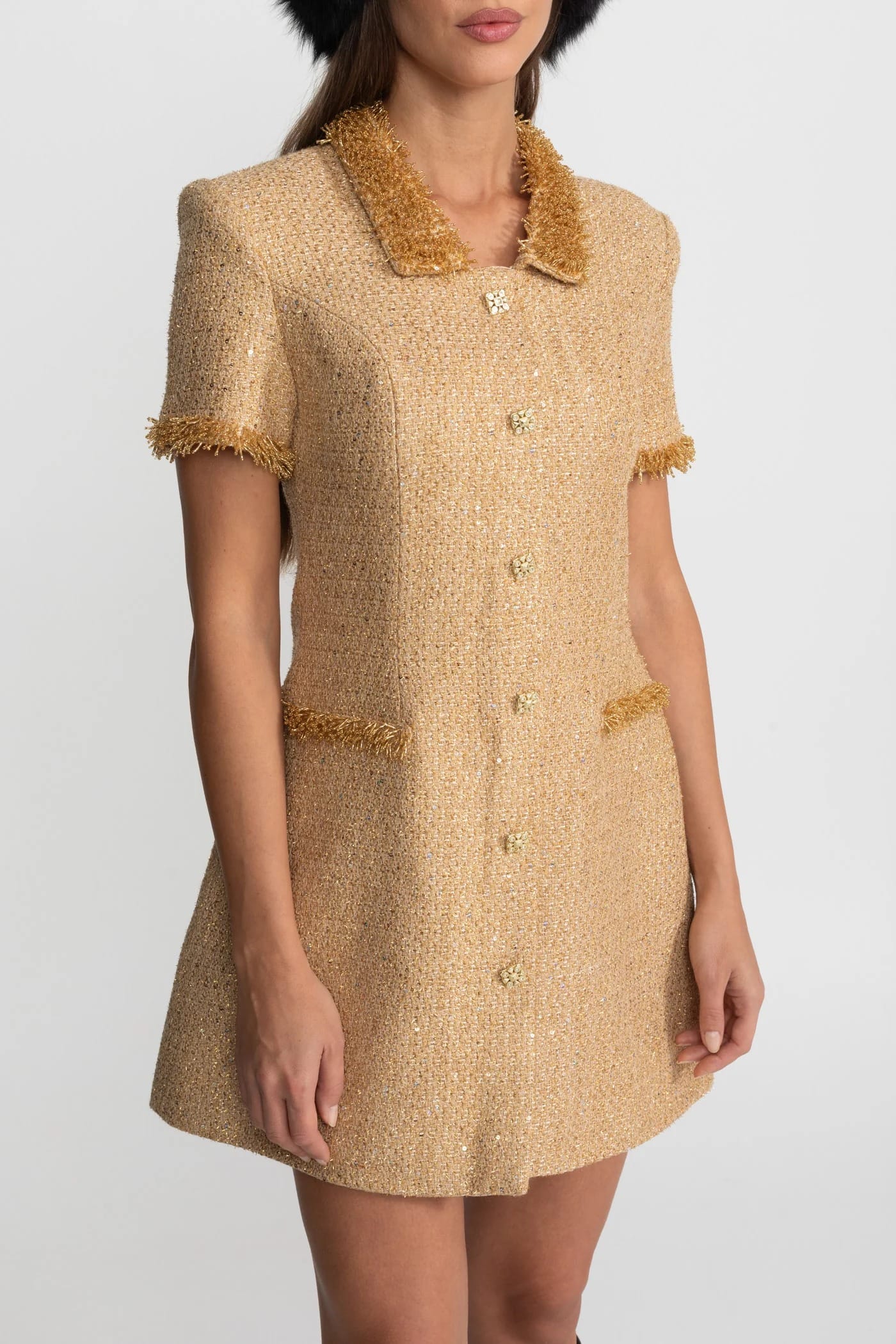 Short Sleeve Mini Dress with Textured Collar and Trim - Gold