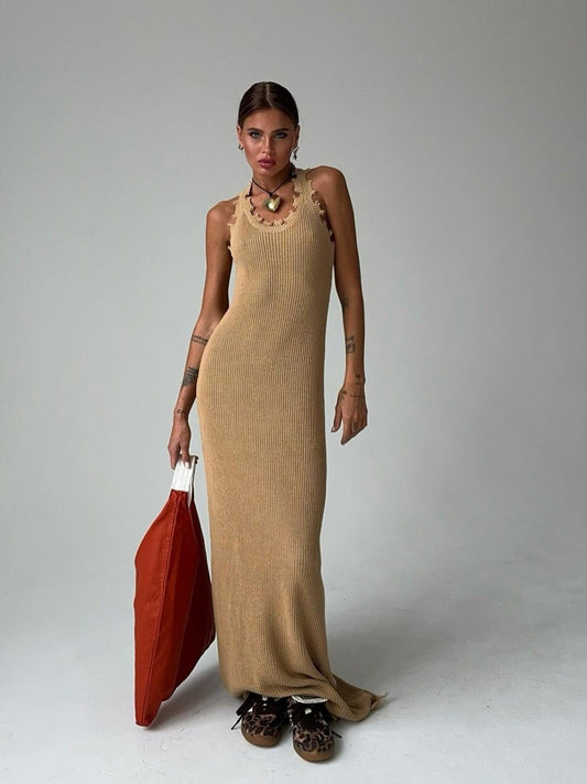 Sleeveless Knitted Maxi Dress with Raw-Edge Details - Brown