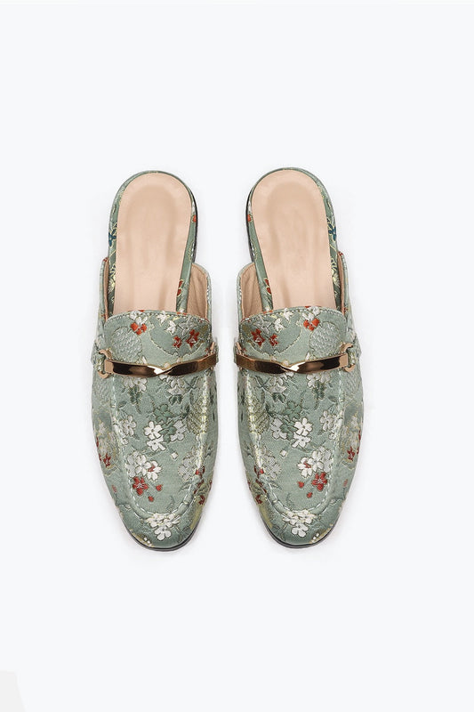 Floral Pattern Slip-On Loafers with Metal Buckle - Green