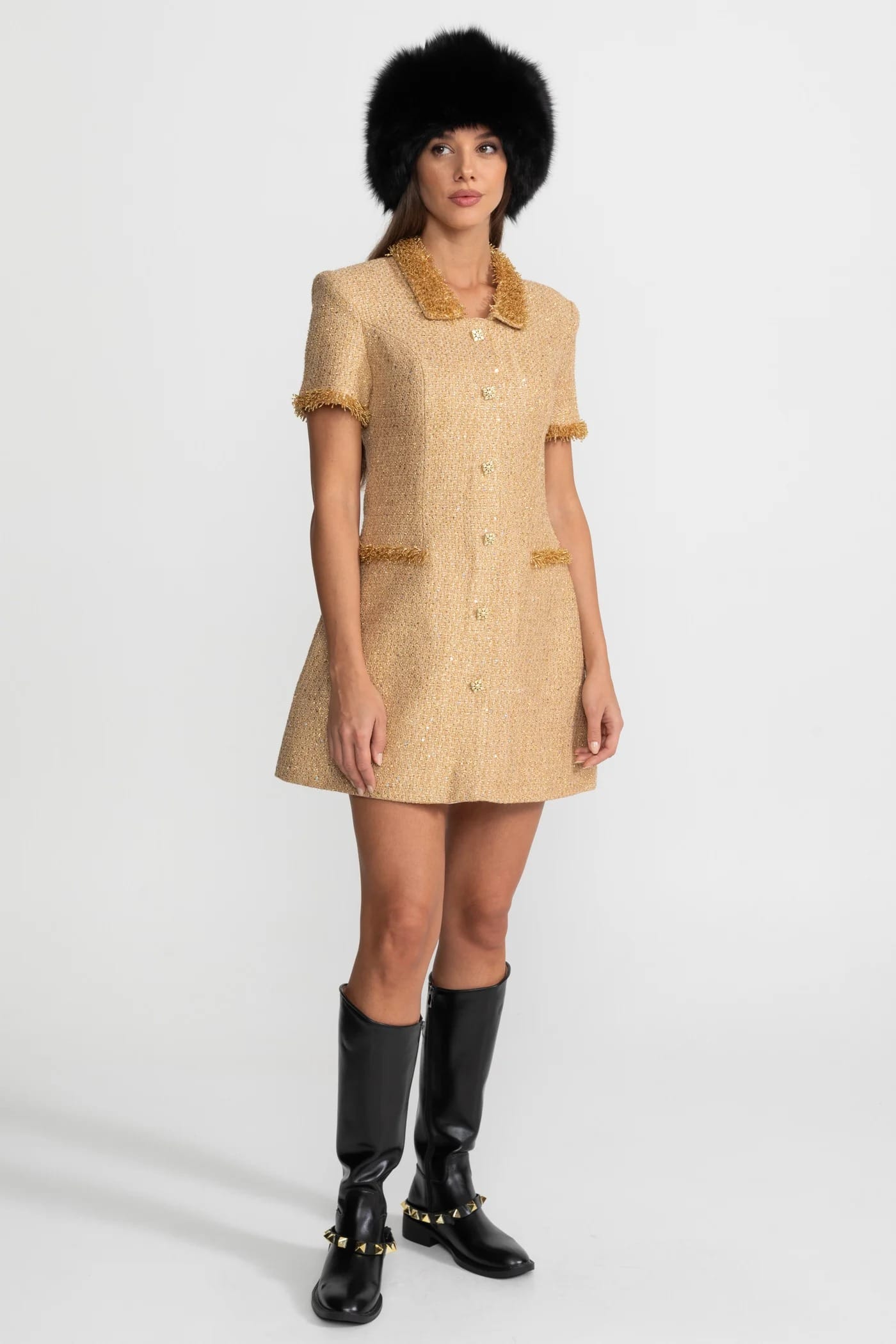 Short Sleeve Mini Dress with Textured Collar and Trim - Gold