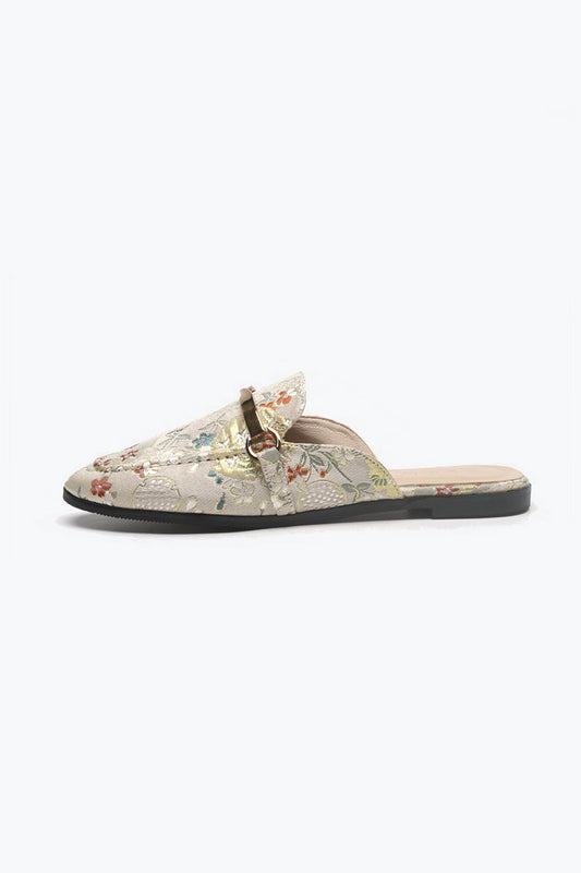 Floral Pattern Slip-On Loafers with Metal Buckle - White