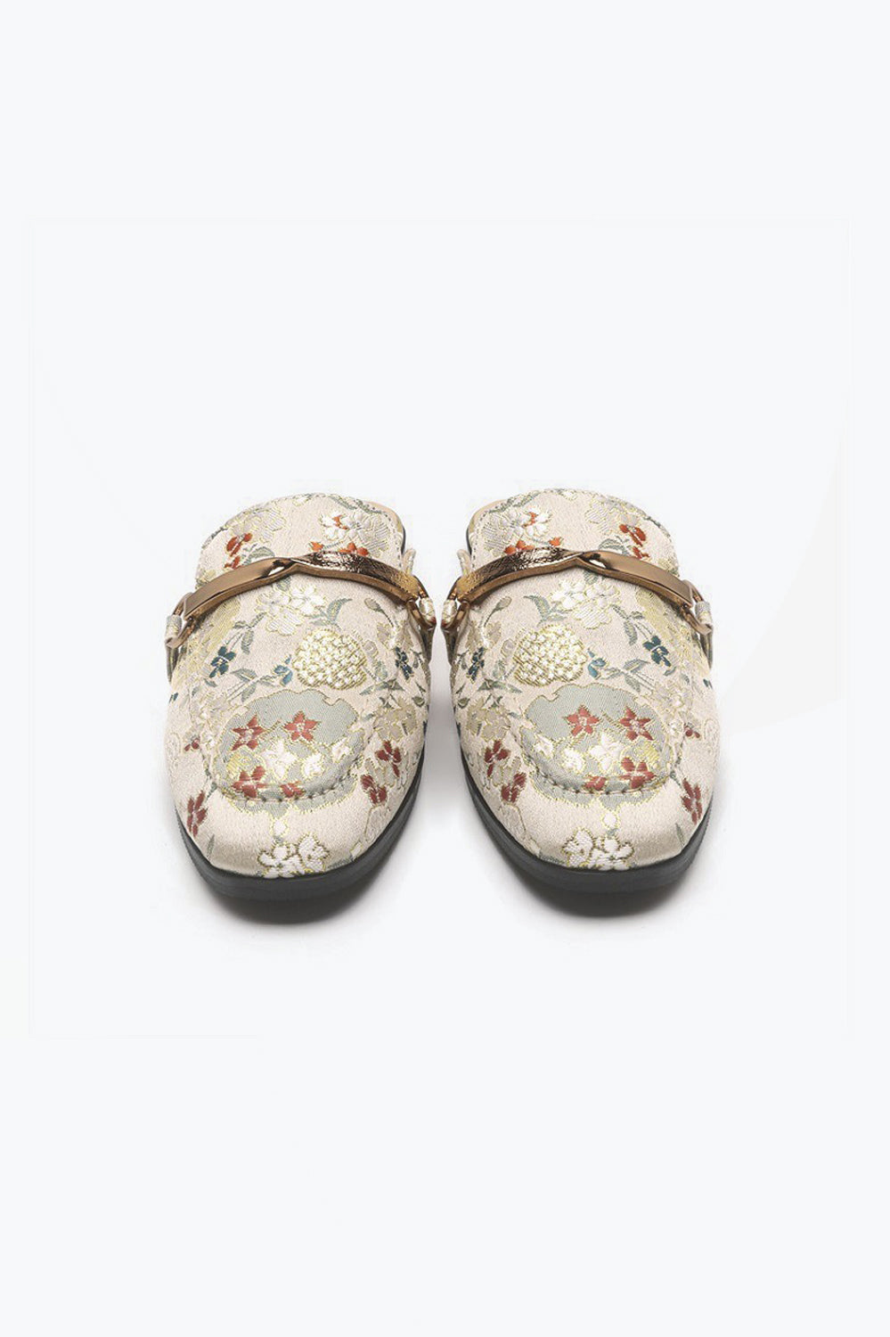 Floral Pattern Slip-On Loafers with Metal Buckle - White