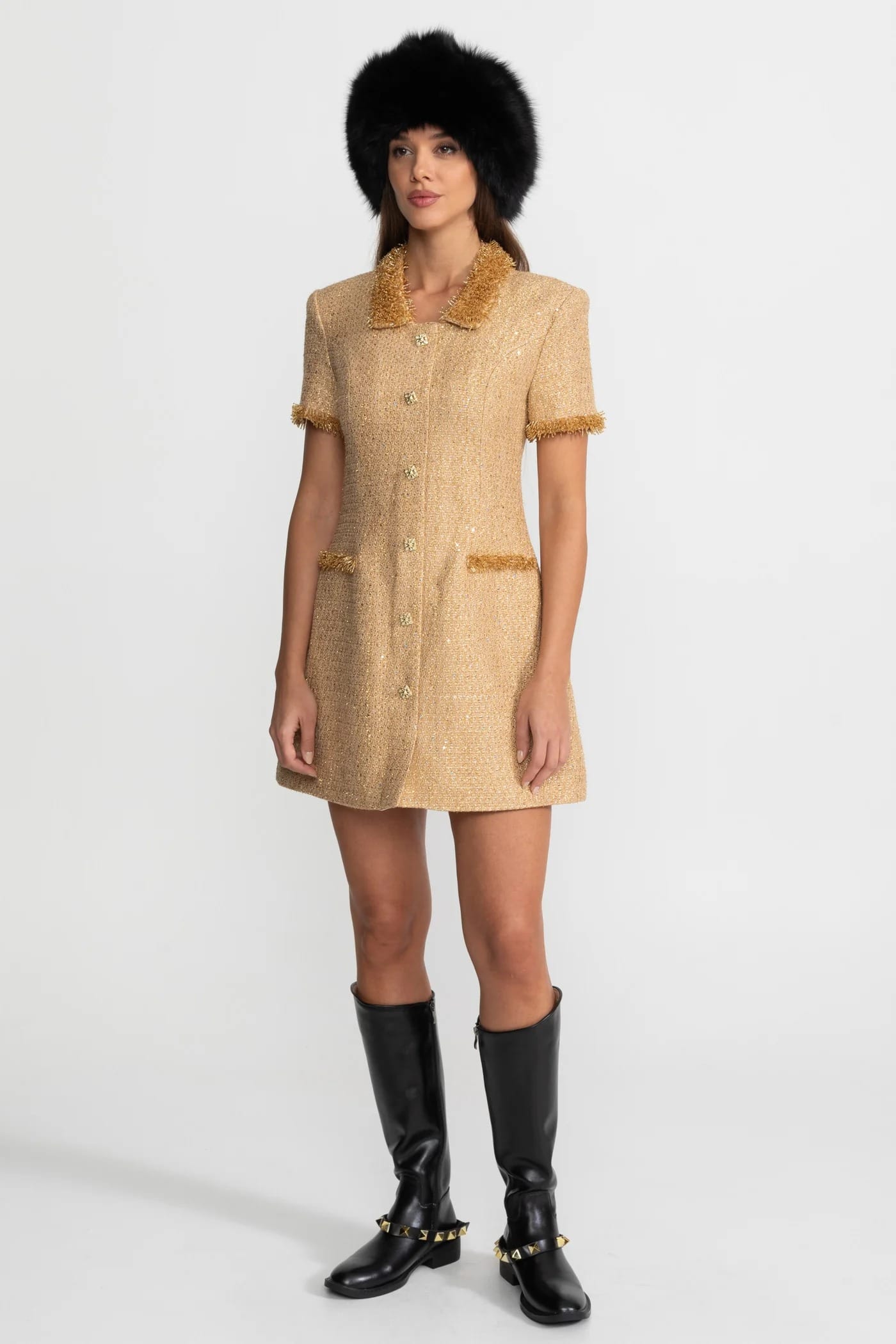 Short Sleeve Mini Dress with Textured Collar and Trim - Gold