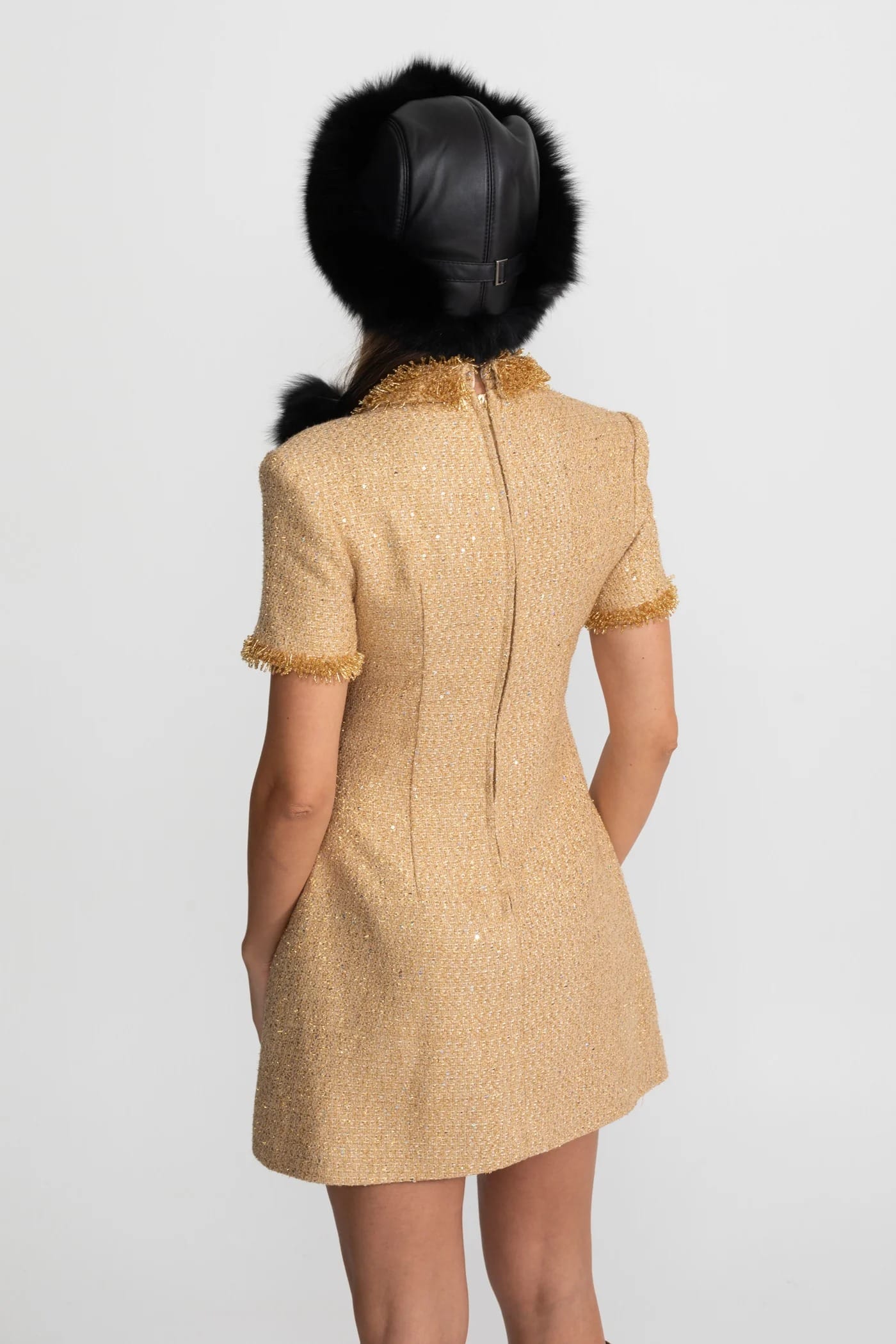 Short Sleeve Mini Dress with Textured Collar and Trim - Gold