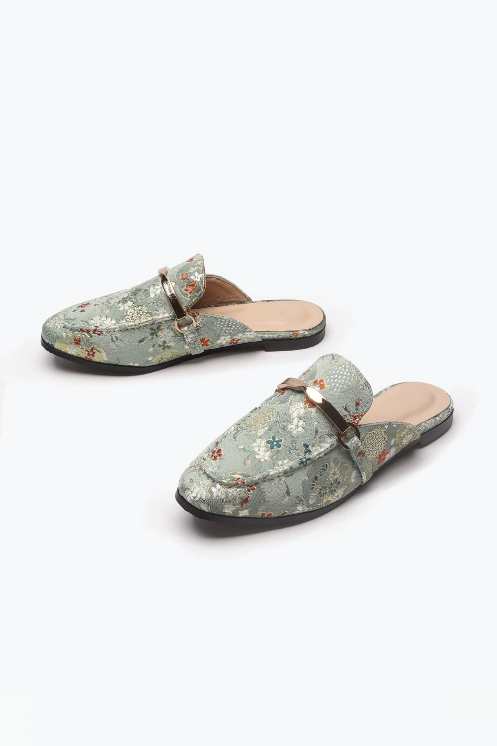 Floral Pattern Slip-On Loafers with Metal Buckle - Green