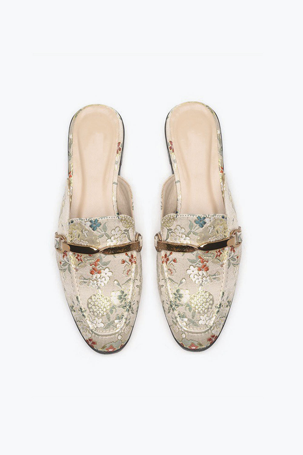 Floral Pattern Slip-On Loafers with Metal Buckle - White
