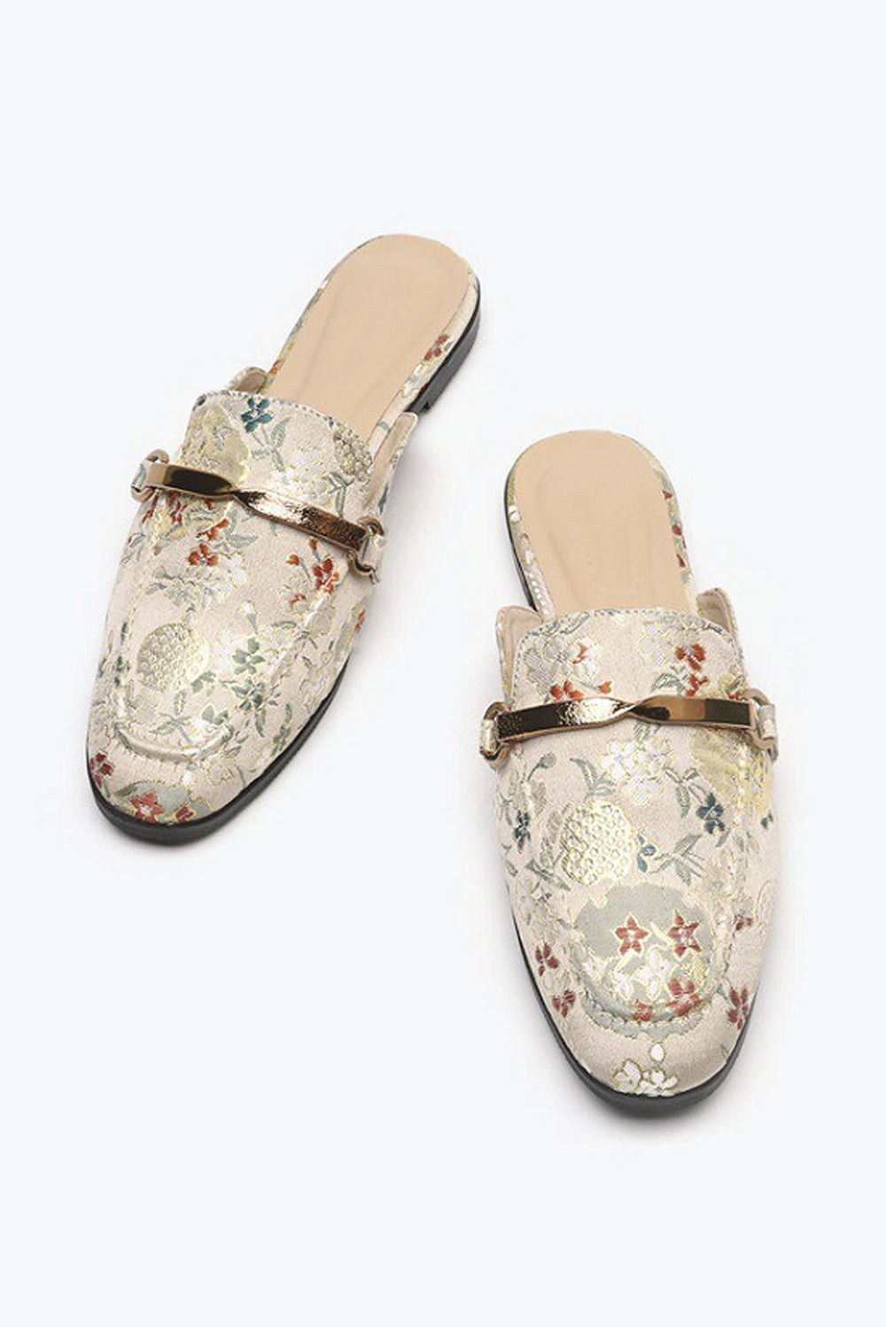 Floral Pattern Slip-On Loafers with Metal Buckle - White