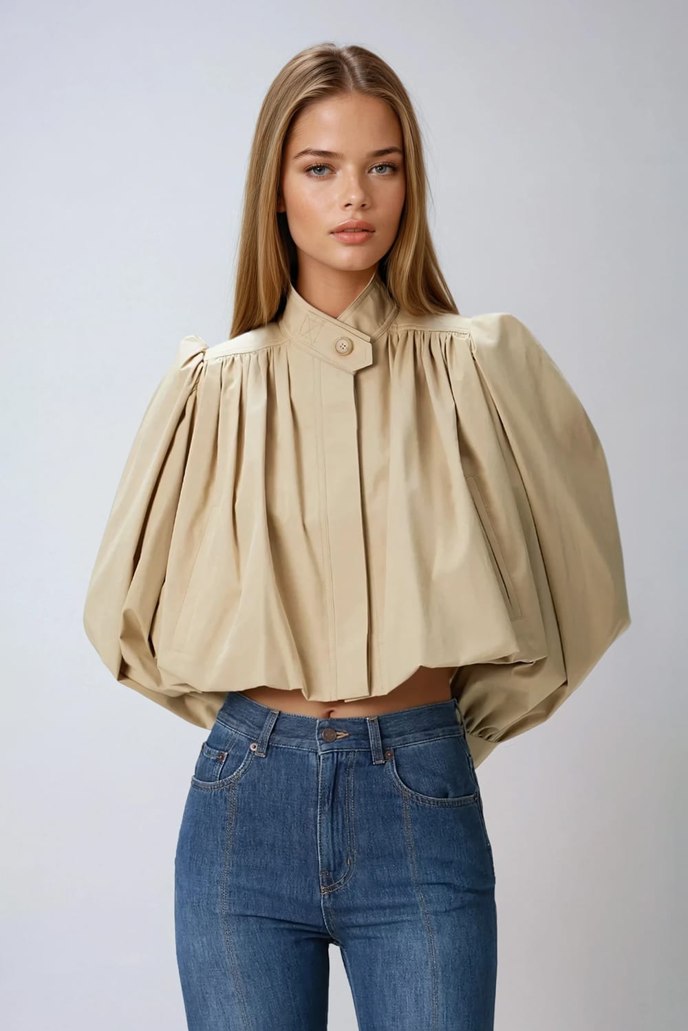 Pleated High Neck Cropped Jacket - Khaki