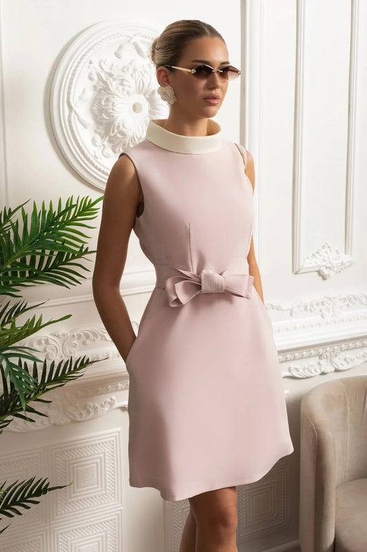 Sleeveless A-Line Mini Dress With Contrast Collar And Bow Detail - Pink