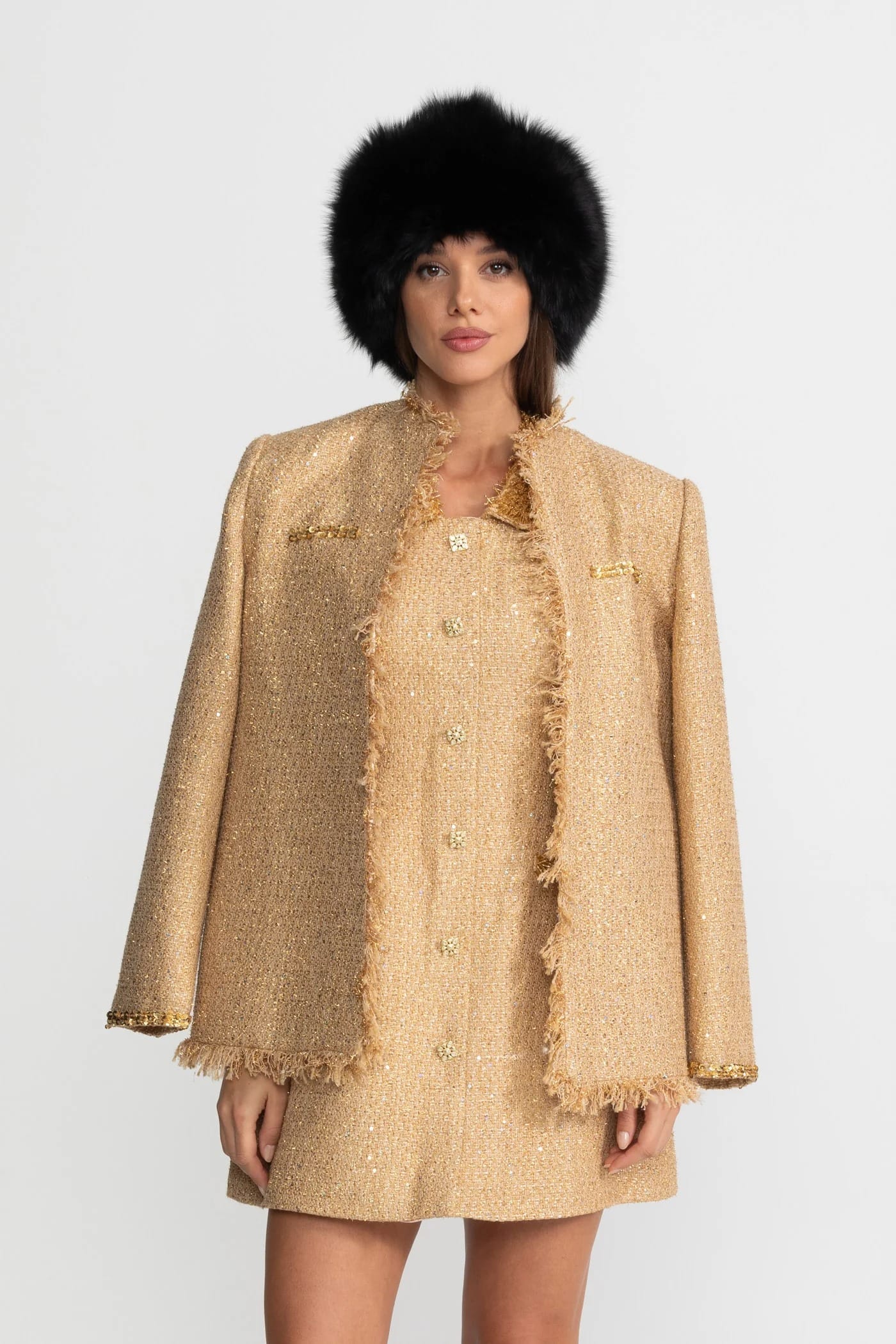 Long Sleeve Coat with Fringed Edges and Sequin Detail - Gold