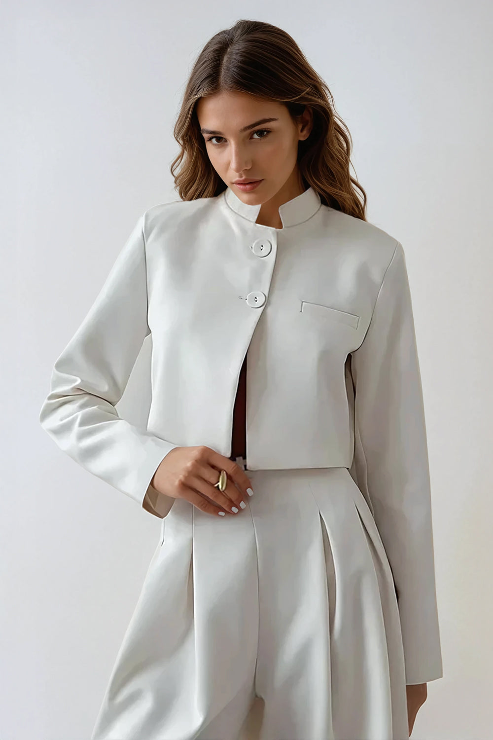 Cropped Blazer with High Neck and Button Closure - White