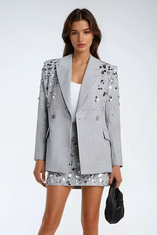 Two-Piece Set with Embellished Blazer and Skirt - Gray