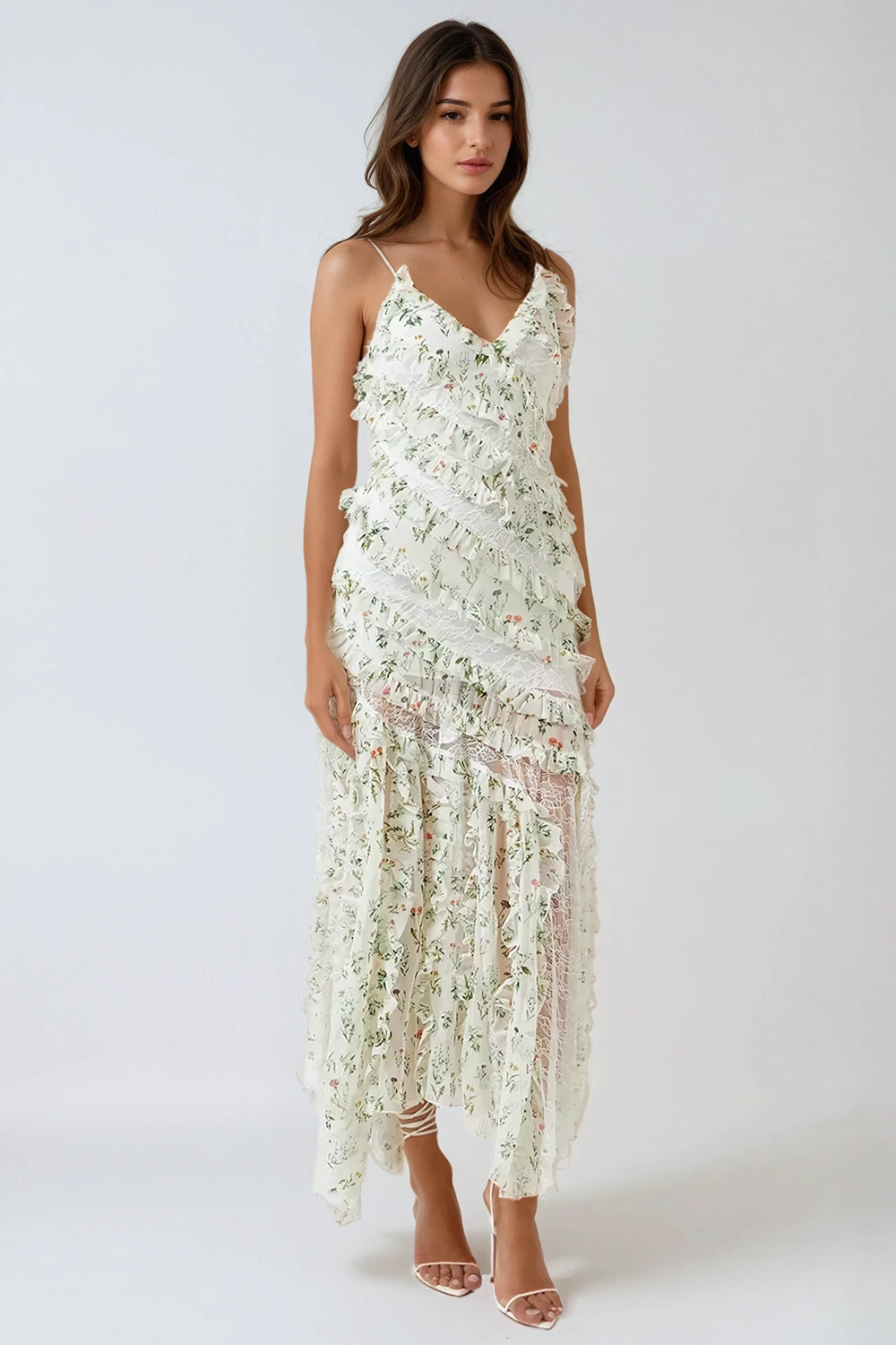 Maxi Dress with Ruffled Layers and Lace Details - Green