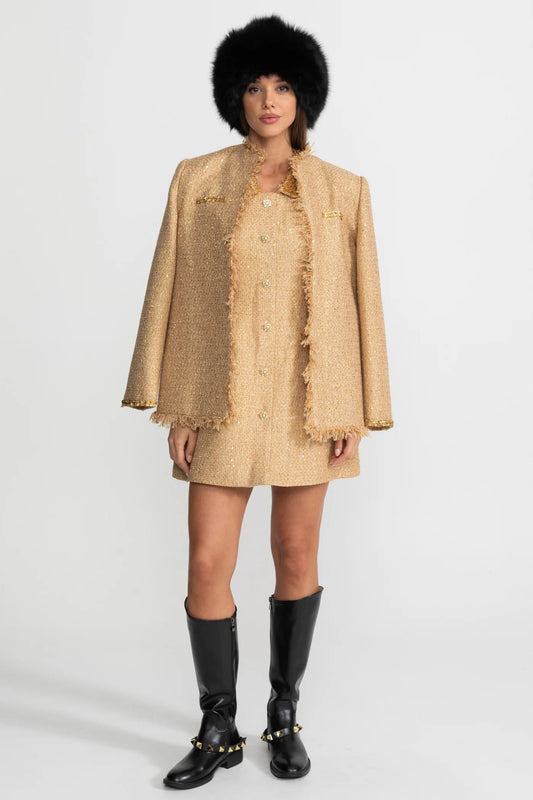 Long Sleeve Coat with Fringed Edges and Sequin Detail - Gold