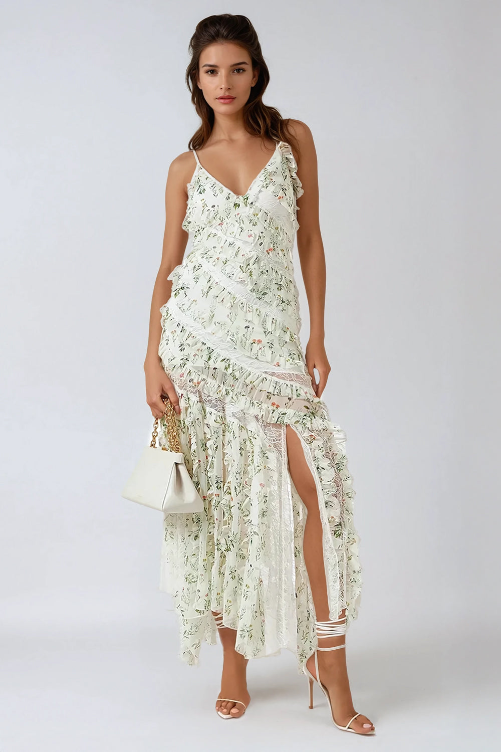 Maxi Dress with Ruffled Layers and Lace Details - Green