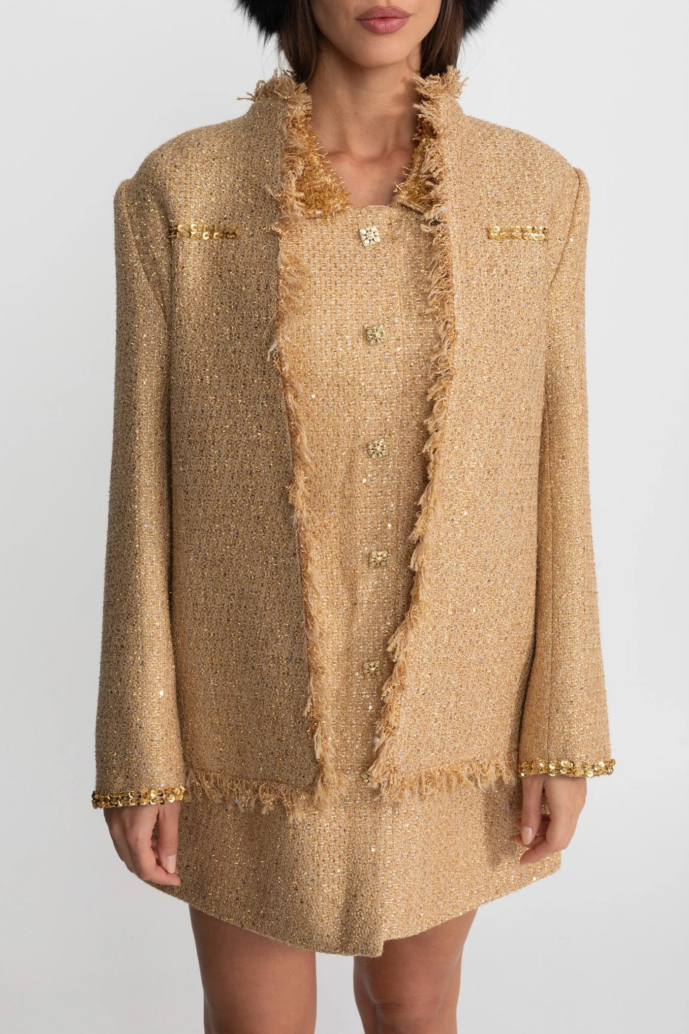 Long Sleeve Coat with Fringed Edges and Sequin Detail - Gold