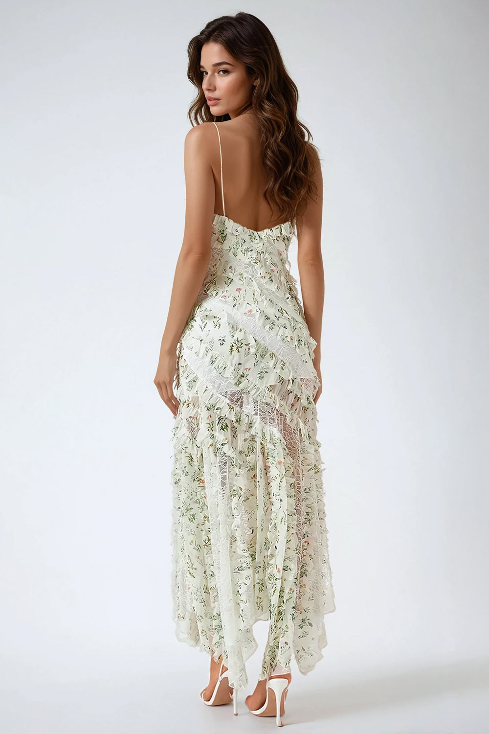 Maxi Dress with Ruffled Layers and Lace Details - Green