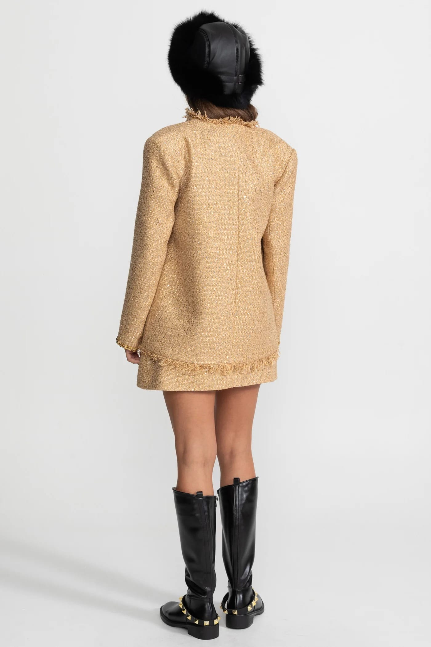 Long Sleeve Coat with Fringed Edges and Sequin Detail - Gold