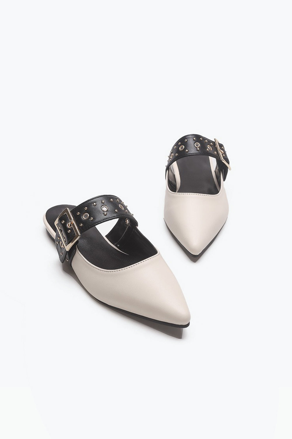 Pointed Toe Mule with Studded Buckle Strap - White