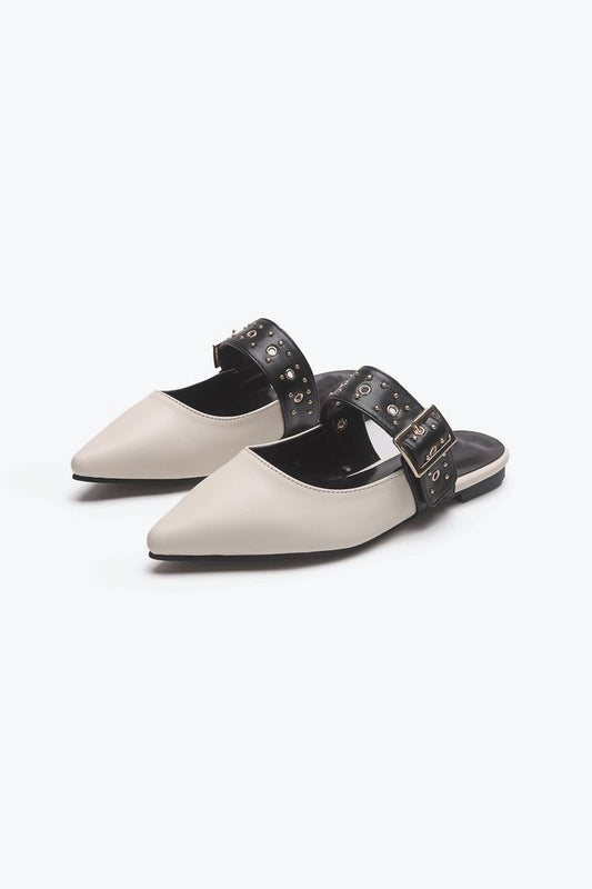 Pointed Toe Mule with Studded Buckle Strap - White