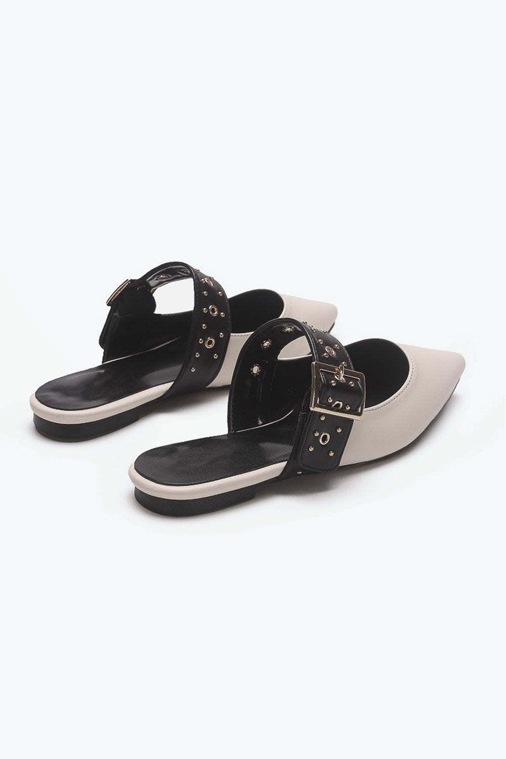 Pointed Toe Mule with Studded Buckle Strap - White