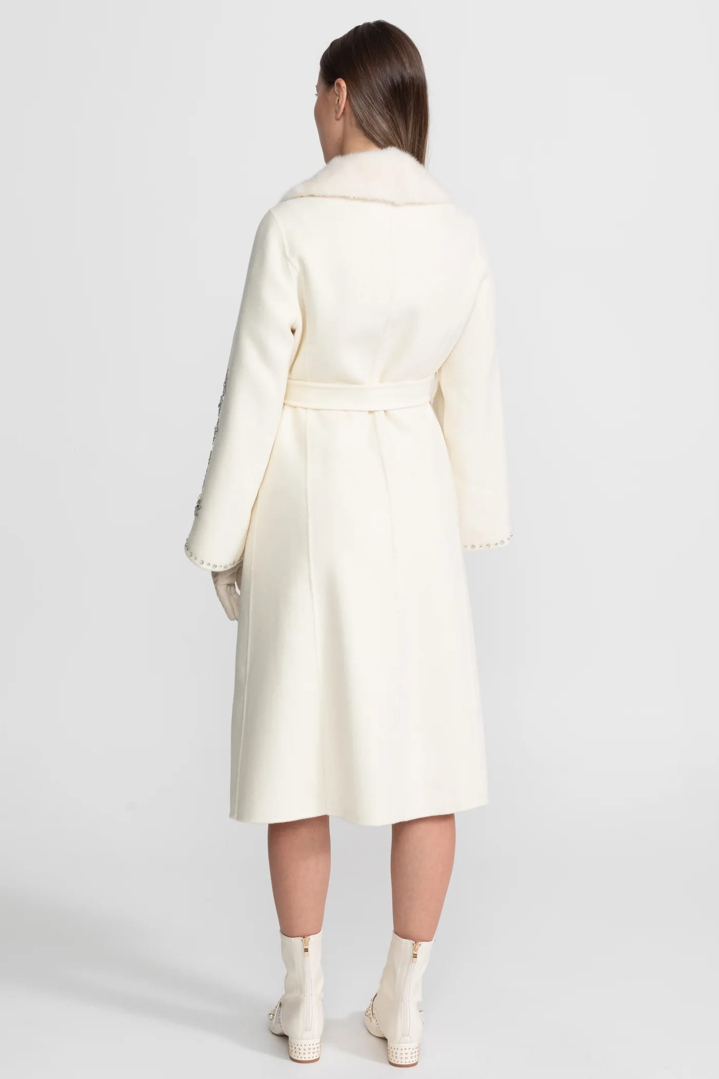Long Coat with Embellished Sleeves and Fur Collar - White