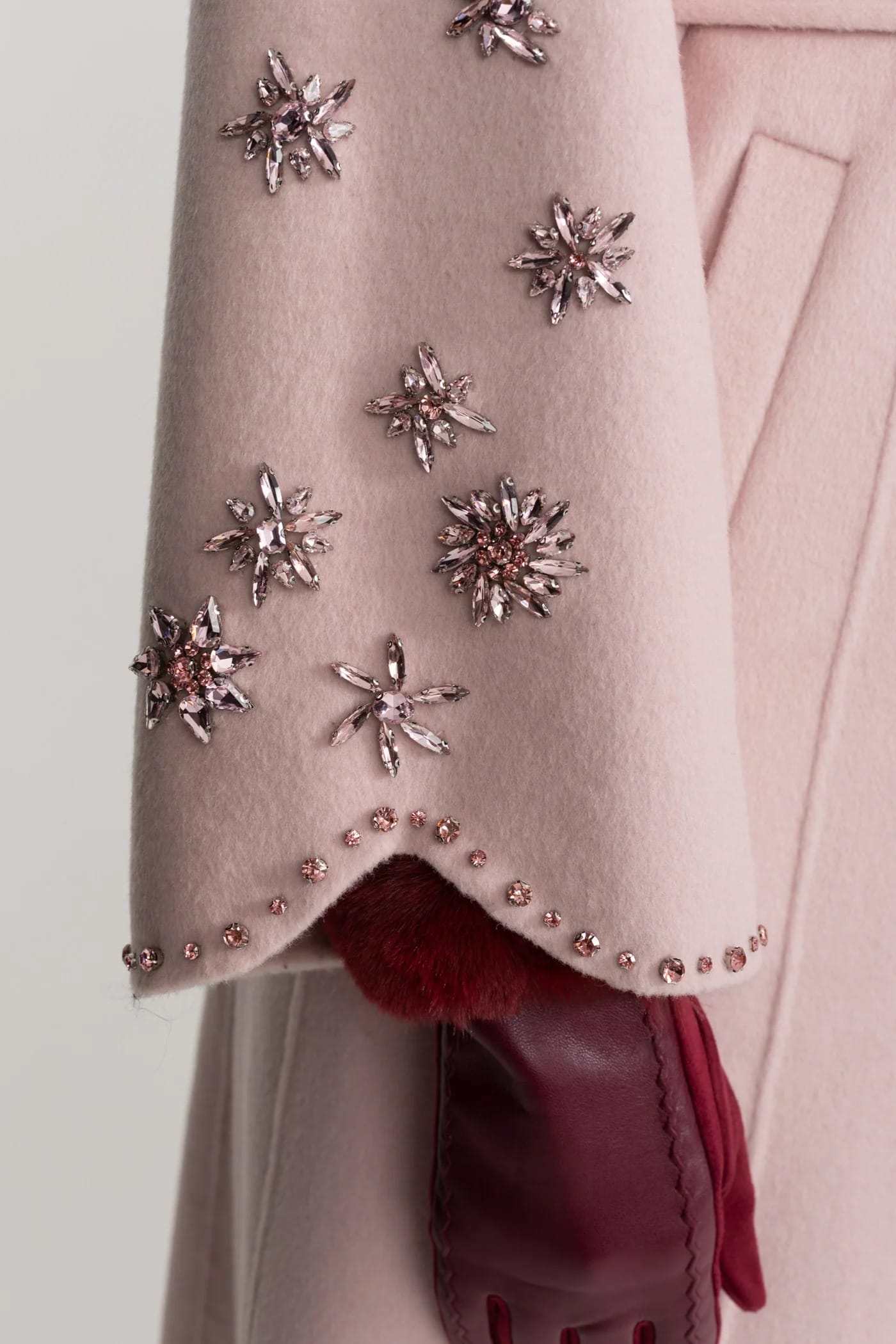 Long Coat with Embellished Sleeves and Fur Collar - Pink