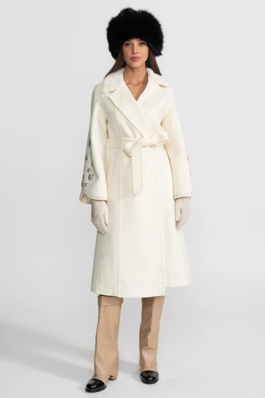 Long Coat with Embellished Sleeves and Fur Collar - White