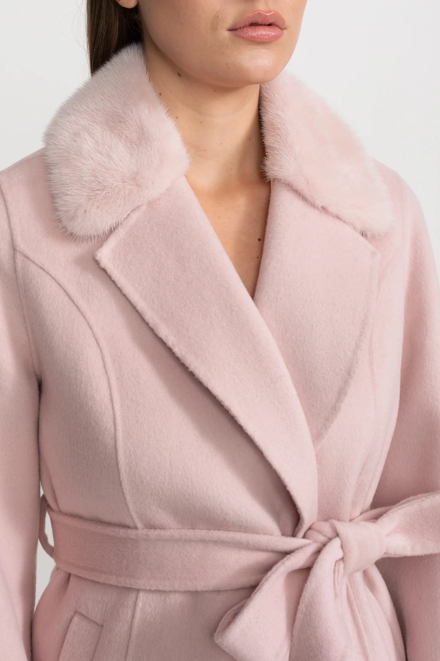 Long Coat with Embellished Sleeves and Fur Collar - Pink