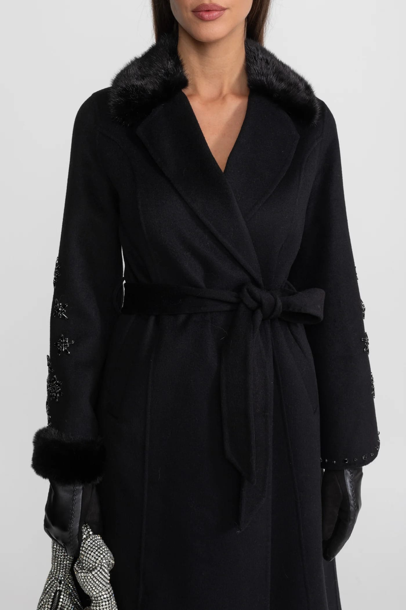 Long Coat with Embellished Sleeves and Fur Collar - Black