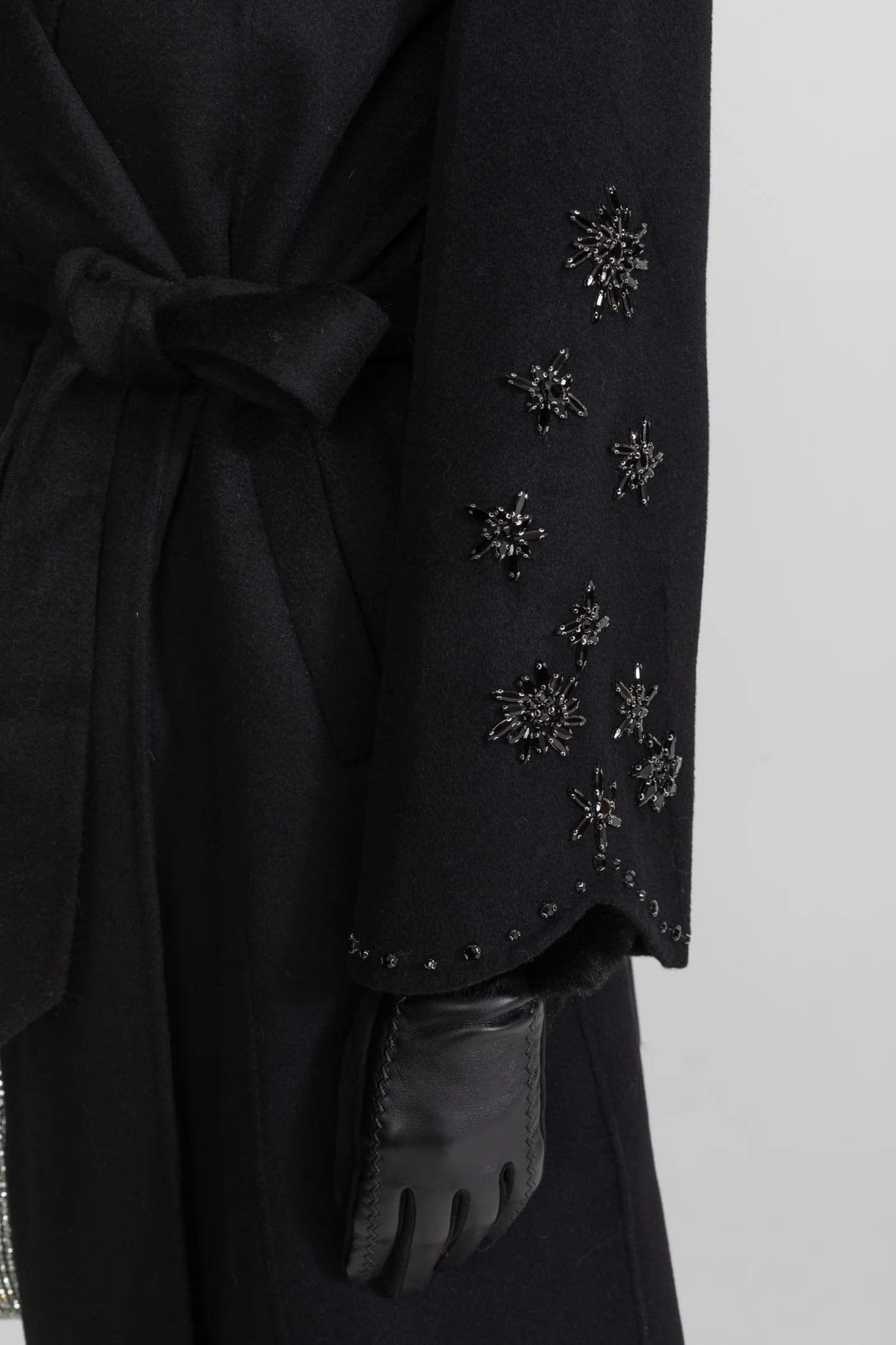 Long Coat with Embellished Sleeves and Fur Collar - Black