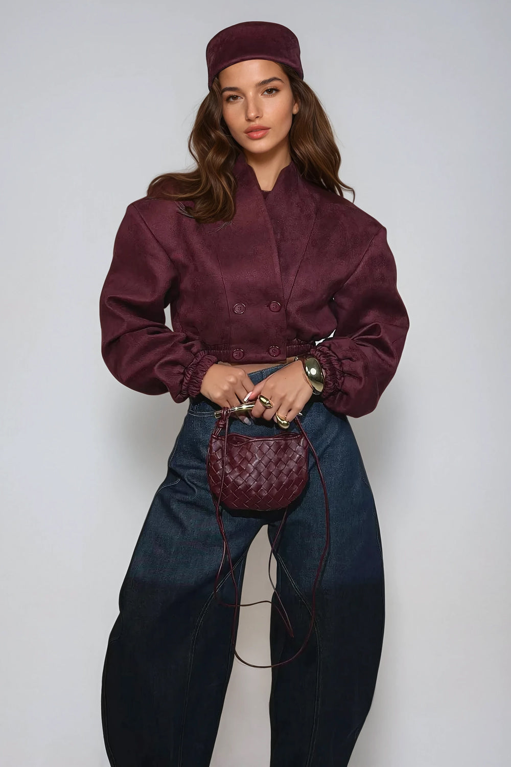 Cropped Double-Breasted Blazer with Gathered Cuffs - Maroon