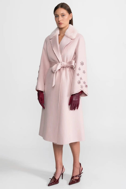 Long Coat with Embellished Sleeves and Fur Collar - Pink