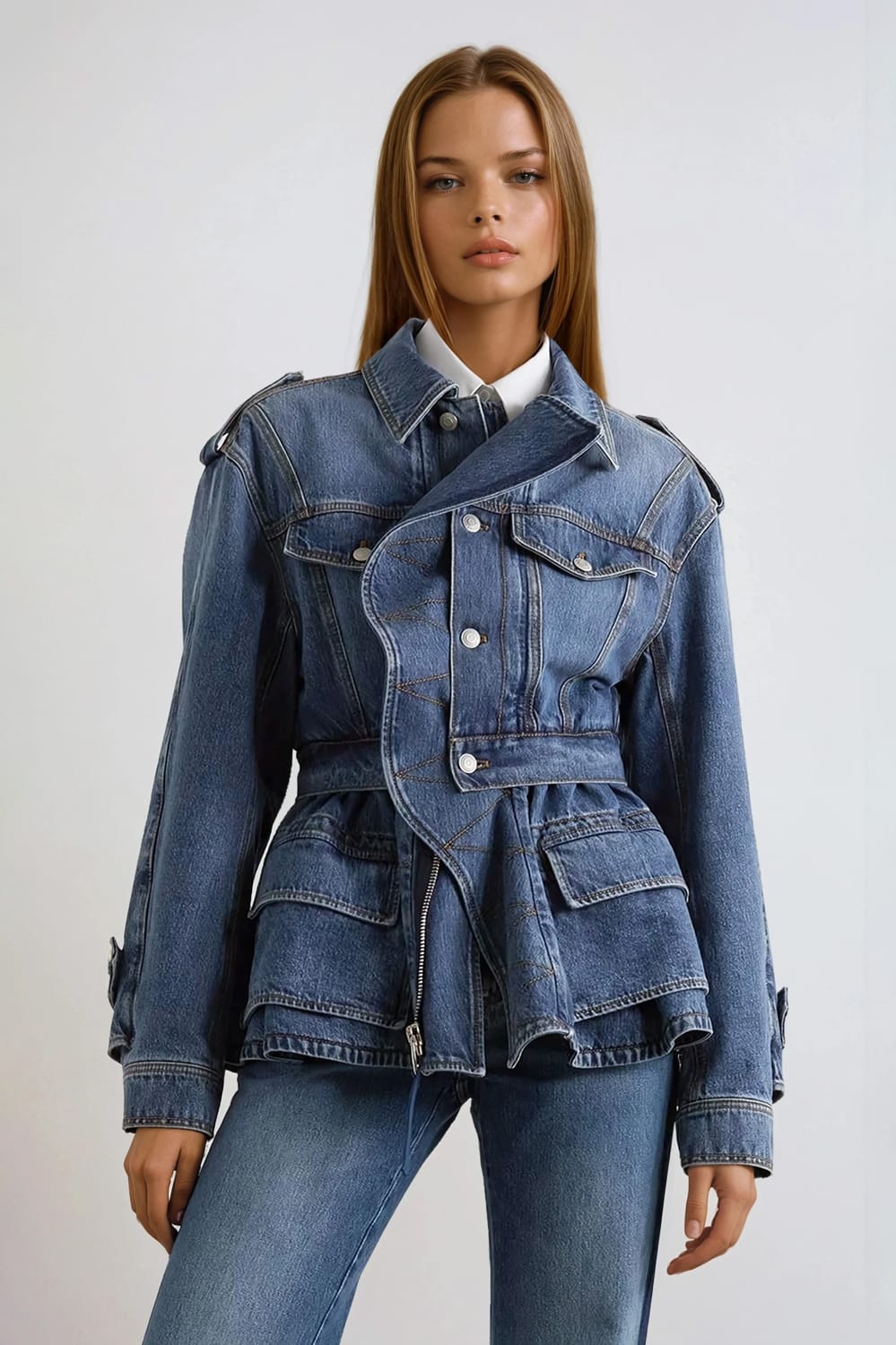 Structured Peplum Denim Jacket - Blue