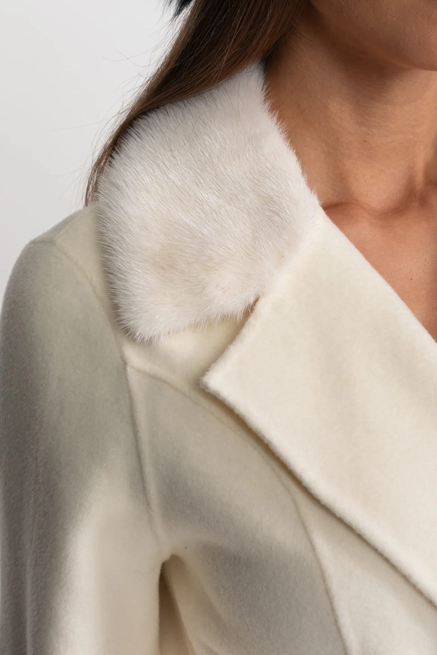 Long Coat with Embellished Sleeves and Fur Collar - White