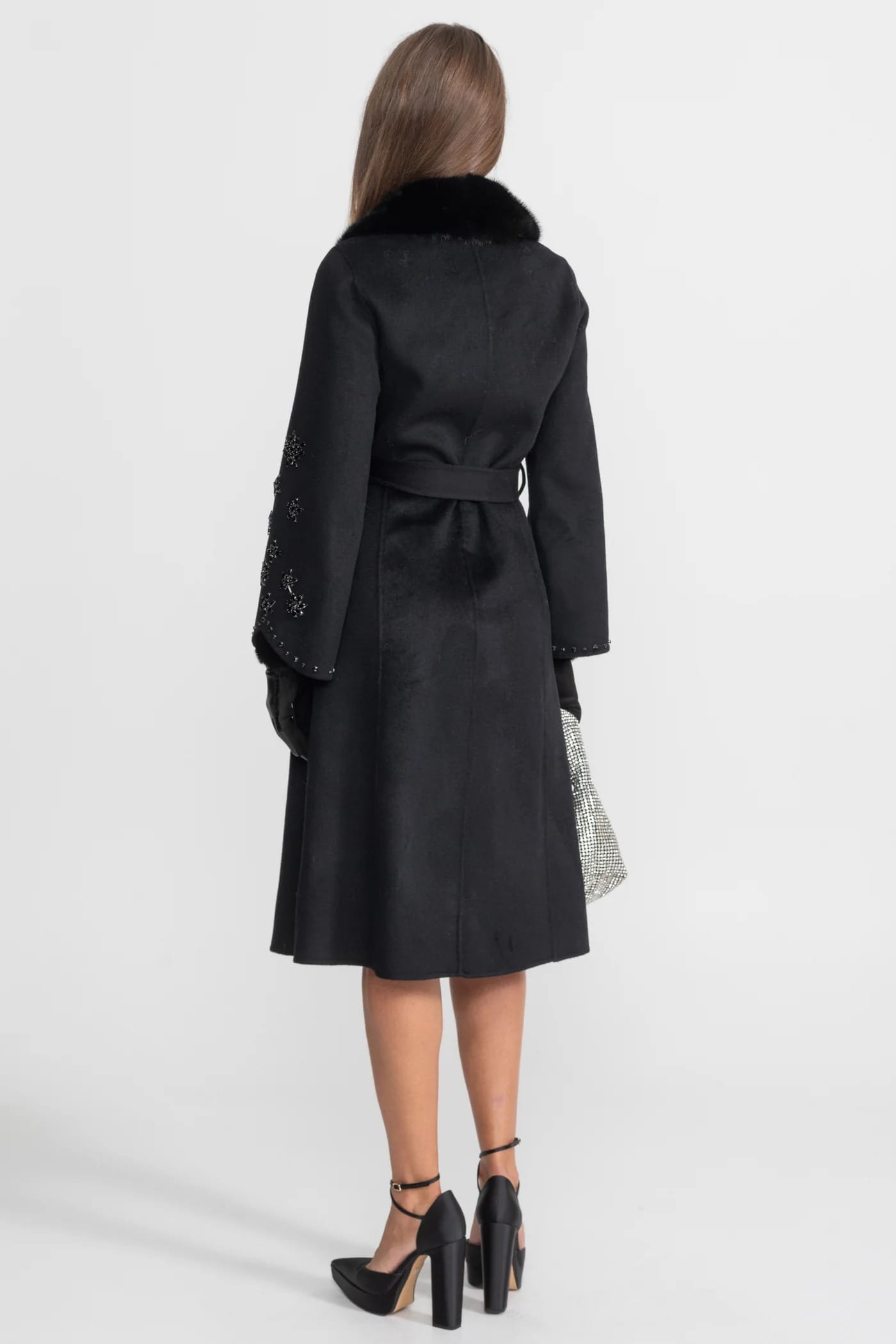 Long Coat with Embellished Sleeves and Fur Collar - Black